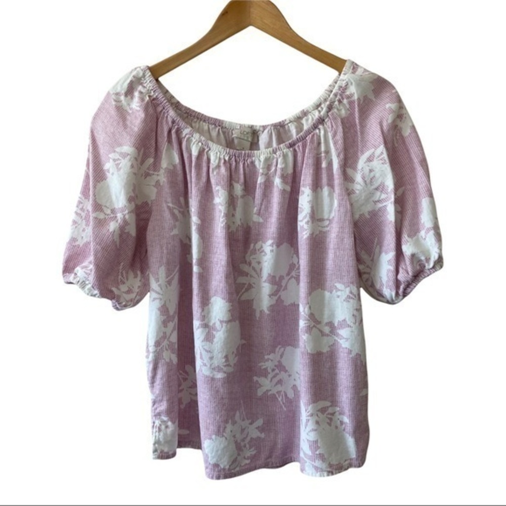 Loft Purple/Pink Balloon Sleeve Floral and Striped Short Sleeve Shirt/Tunic, SM